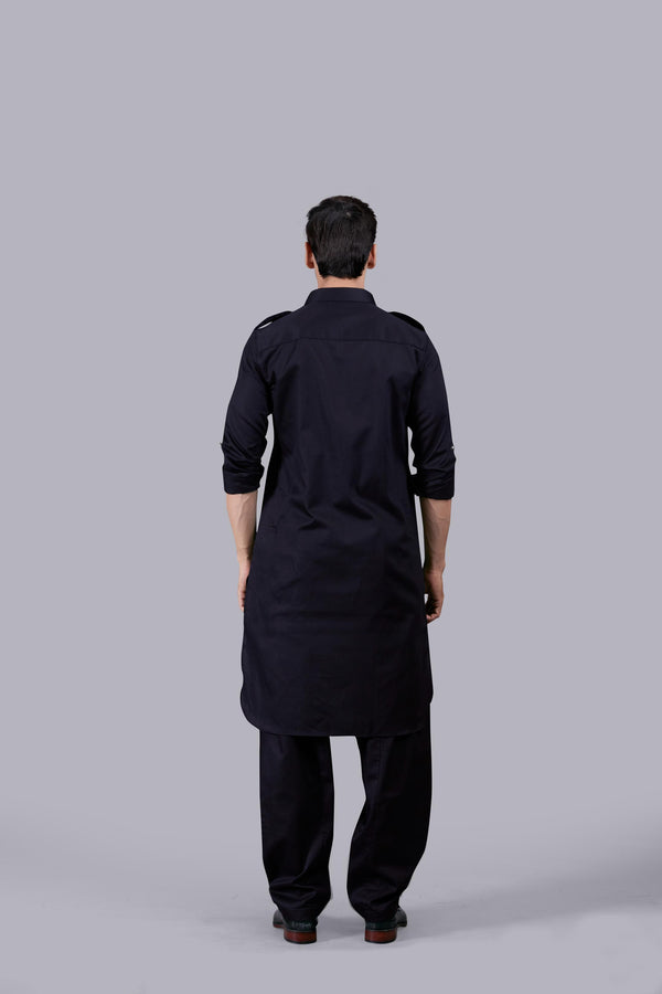 BLACK COTTON SILK PATHANI KURTA SET