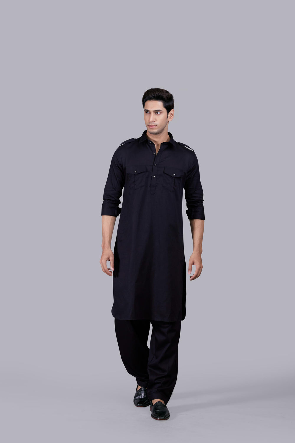 BLACK COTTON SILK PATHANI KURTA SET