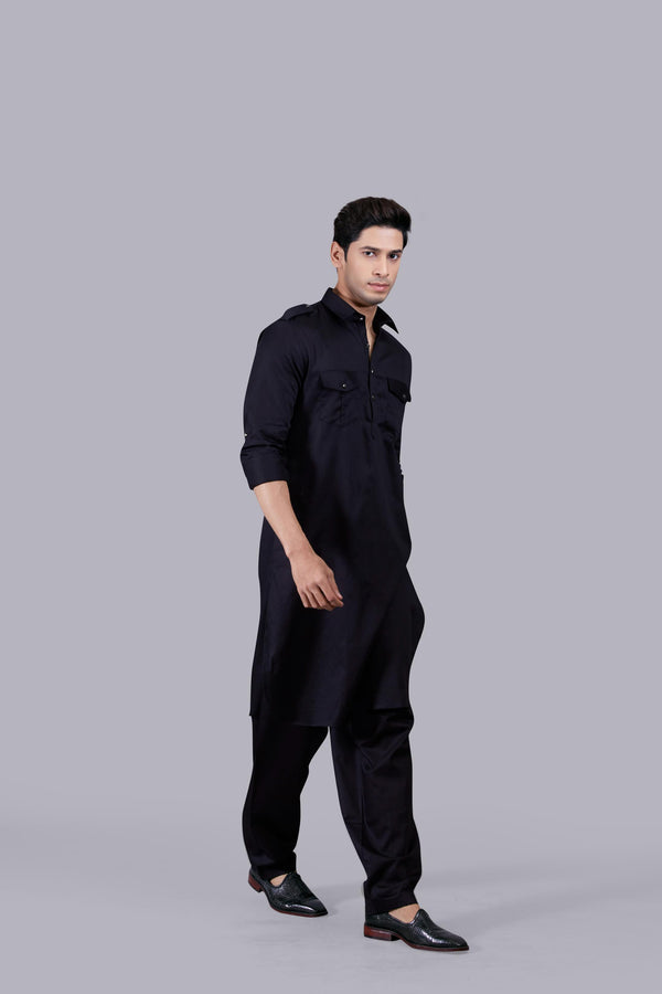 BLACK COTTON SILK PATHANI KURTA SET