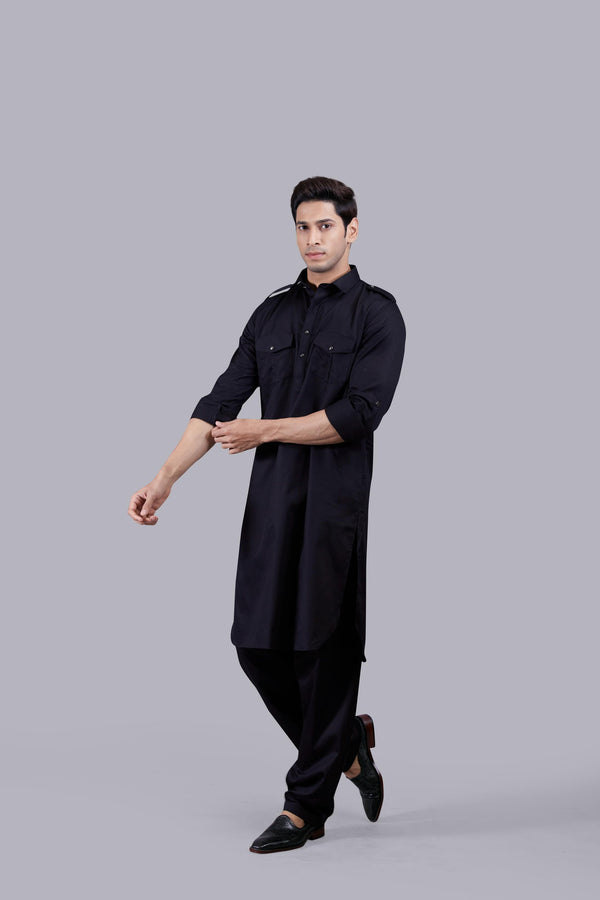 BLACK COTTON SILK PATHANI KURTA SET