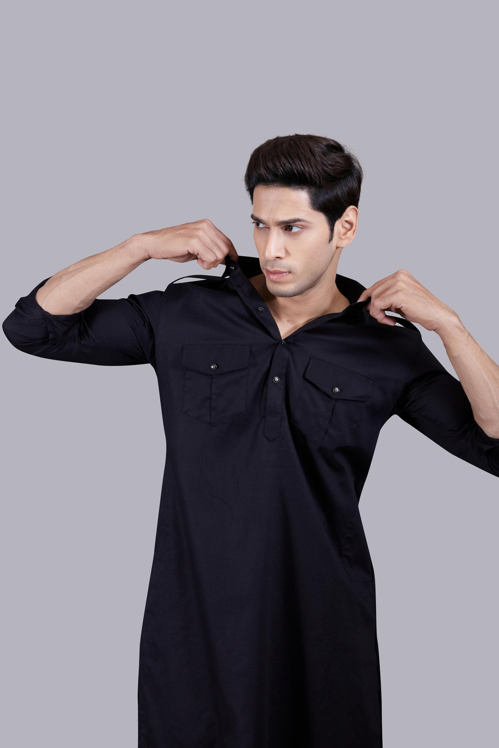 BLACK COTTON SILK PATHANI KURTA SET