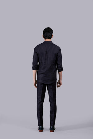 BLACK LINEN SELF CHECKED LINEN KURTA SET