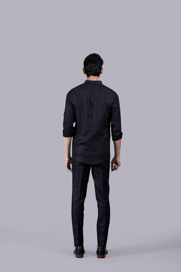 BLACK LINEN SELF CHECKED LINEN KURTA SET