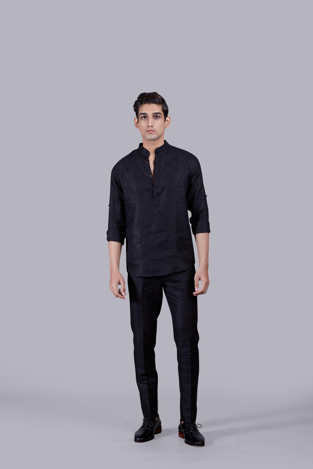 BLACK LINEN SELF CHECKED LINEN KURTA SET