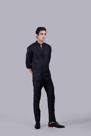 BLACK LINEN SELF CHECKED LINEN KURTA SET