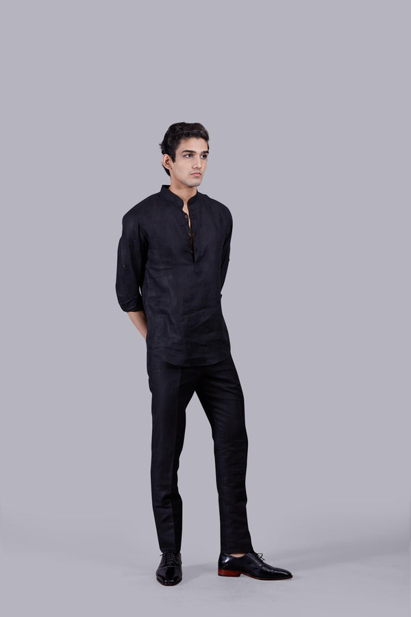 BLACK LINEN SELF CHECKED LINEN KURTA SET