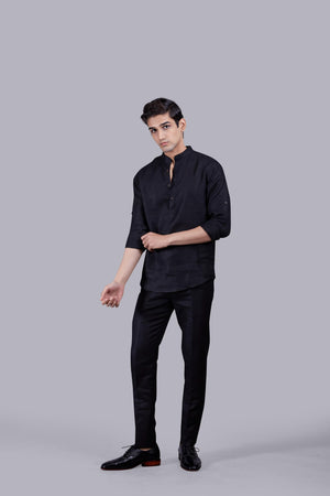 BLACK LINEN SELF CHECKED LINEN KURTA SET