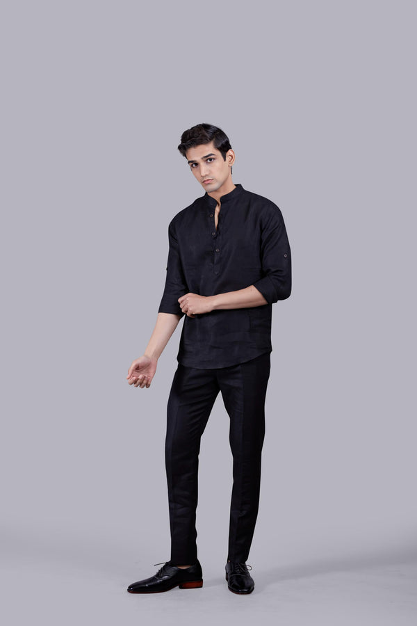 BLACK LINEN SELF CHECKED LINEN KURTA SET