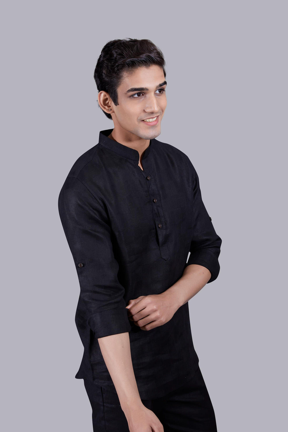BLACK LINEN SELF CHECKED LINEN KURTA SET