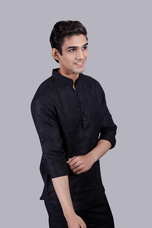 BLACK LINEN SELF CHECKED LINEN KURTA SET
