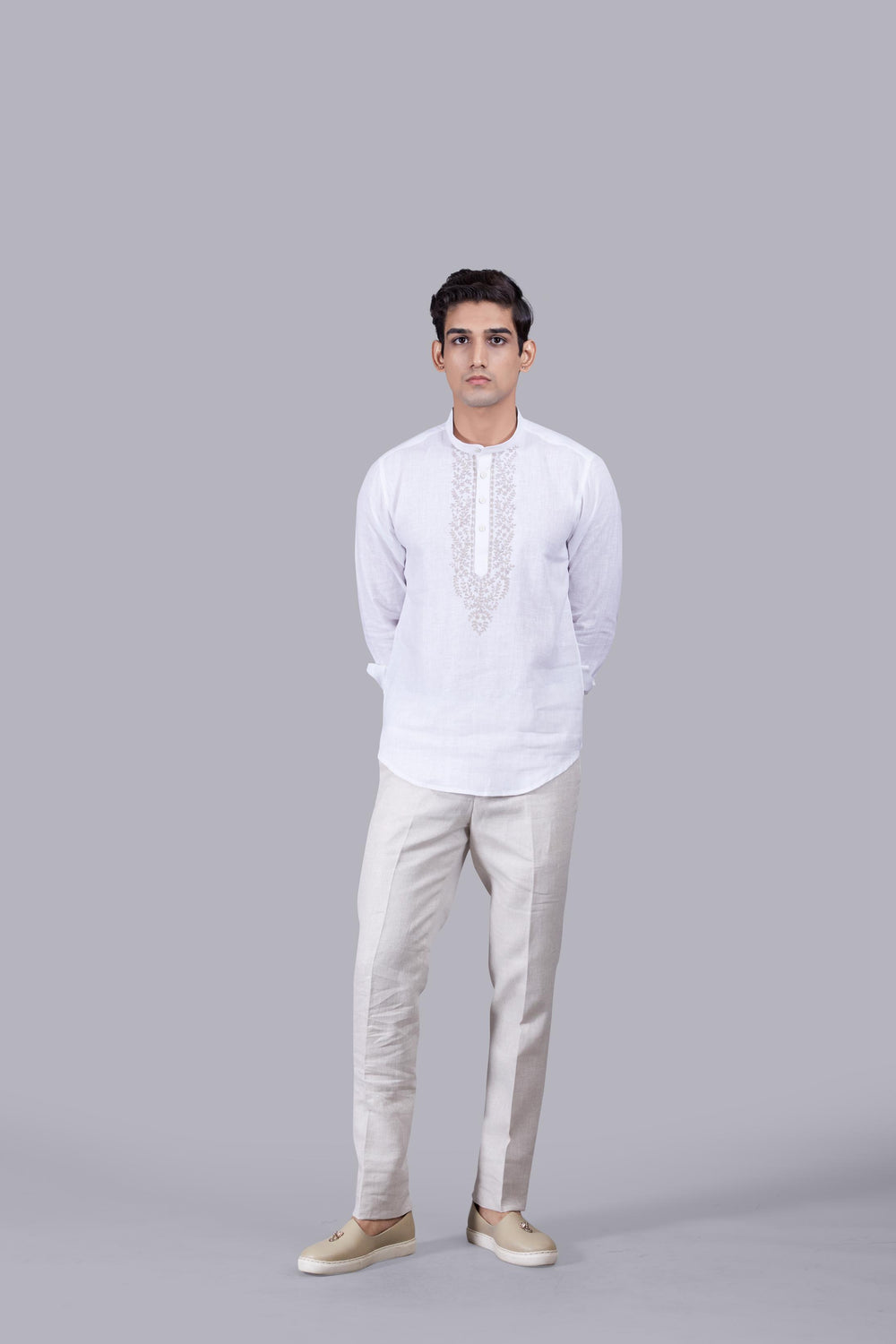 WHITE LINEN THREAD ARI WORK KURTA SET