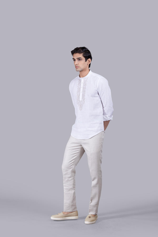WHITE LINEN THREAD ARI WORK KURTA SET