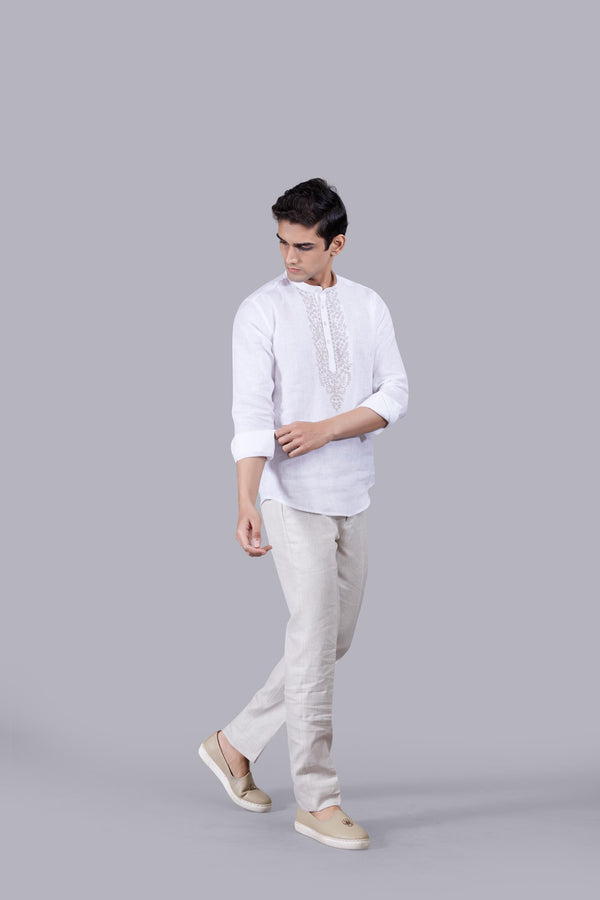 WHITE LINEN THREAD ARI WORK KURTA SET