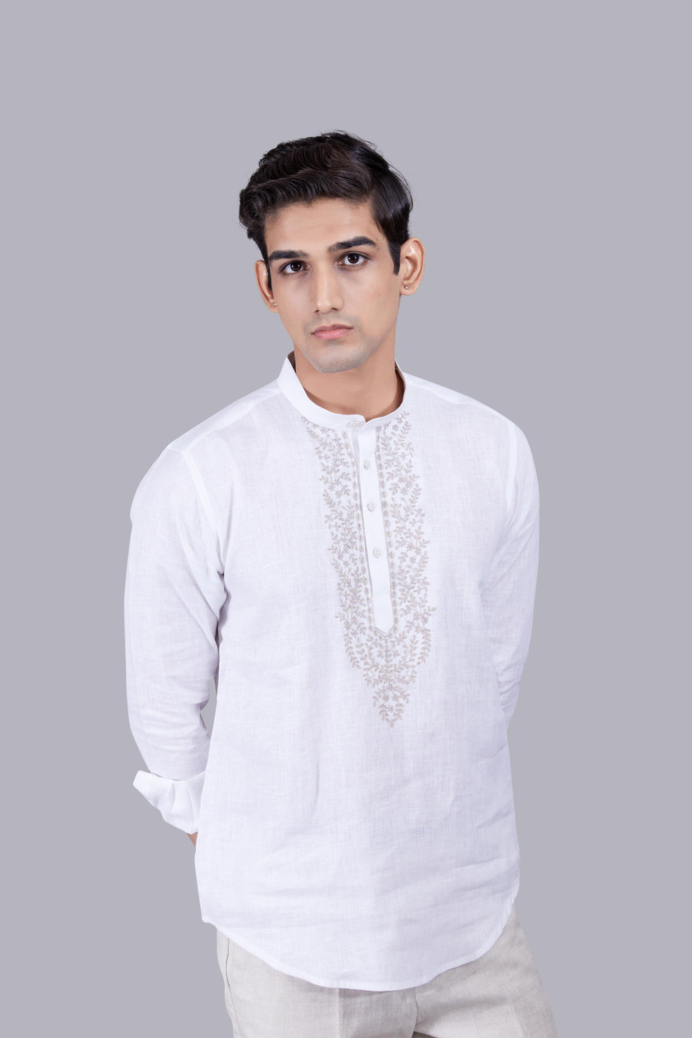 WHITE LINEN THREAD ARI WORK KURTA SET