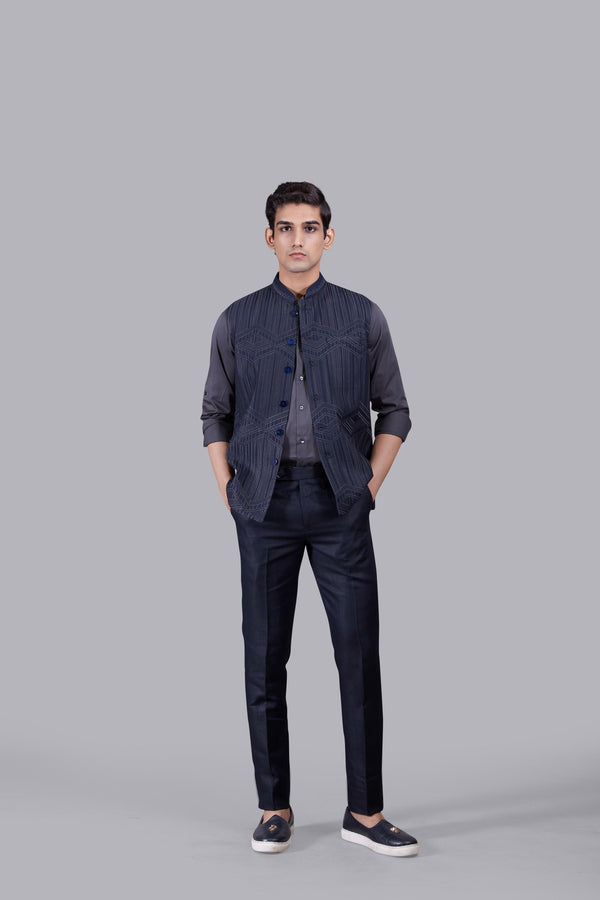 BLUE TR - COTTON EMBROIDERY WORK NEHRU JACKET