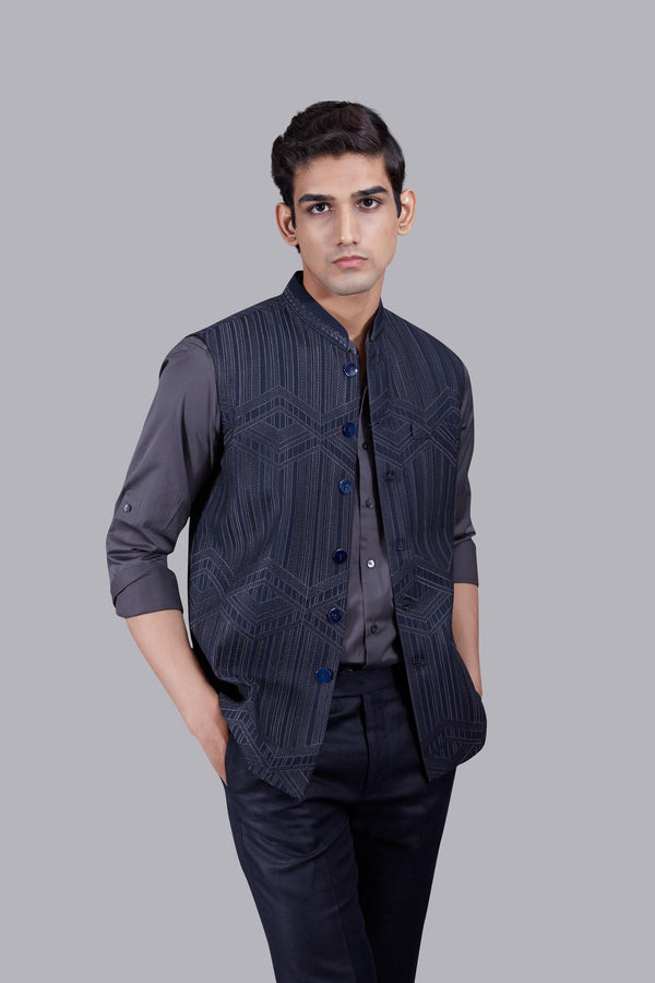 BLUE TR - COTTON EMBROIDERY WORK NEHRU JACKET