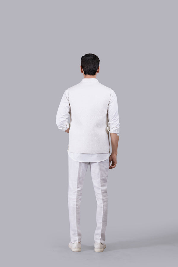 CREAM SILK COTTON SATIN THREAD WORK NEHRU JACKET
