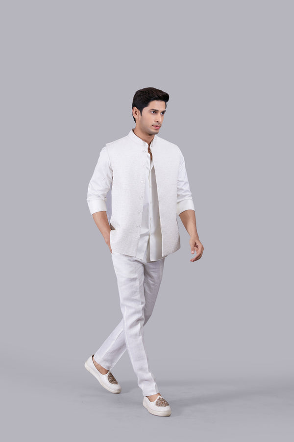 CREAM SILK COTTON SATIN THREAD WORK NEHRU JACKET