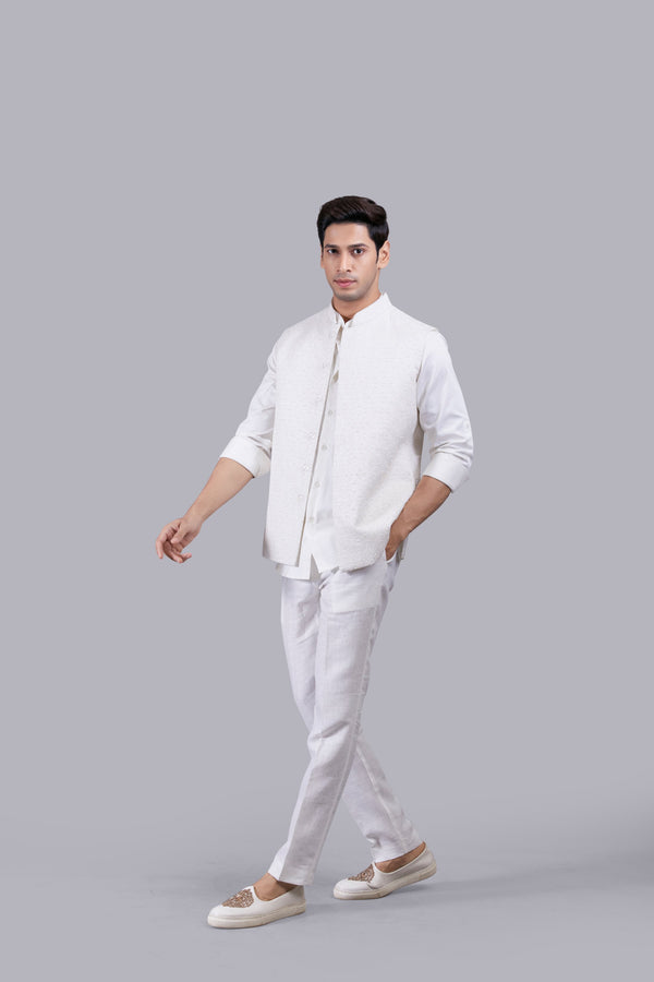 CREAM SILK COTTON SATIN THREAD WORK NEHRU JACKET