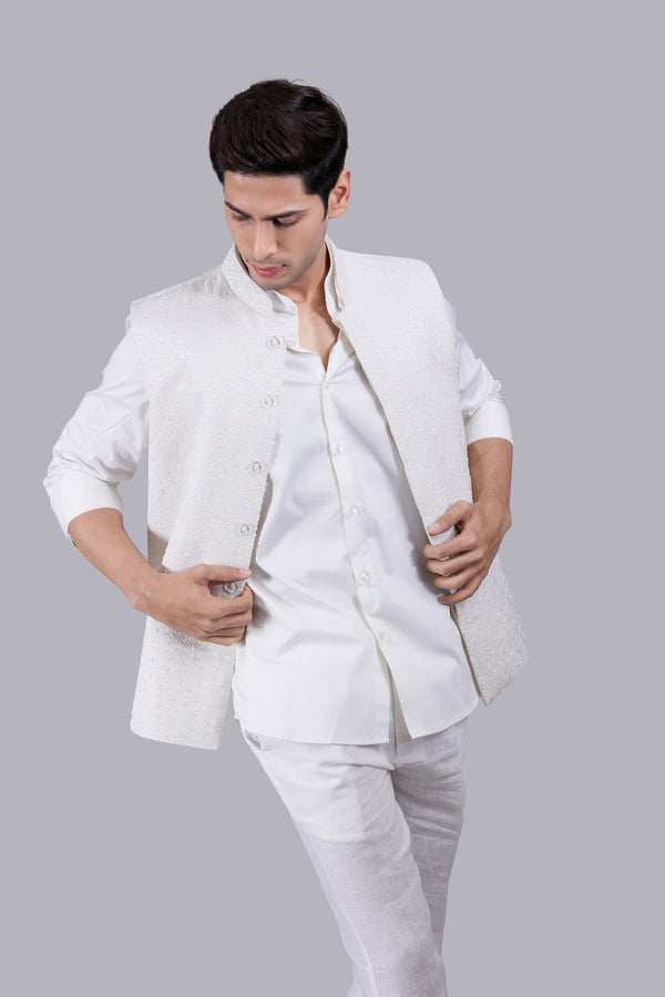 CREAM SILK COTTON SATIN THREAD WORK NEHRU JACKET