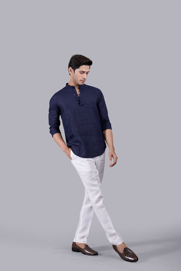 NAVY BLUE LINEN PLAIN KURTA
