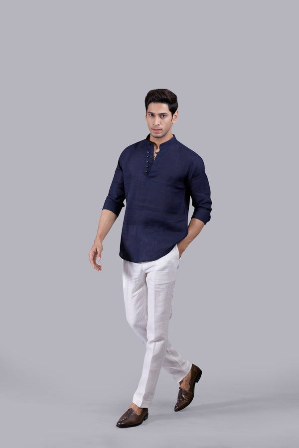 NAVY BLUE LINEN PLAIN KURTA