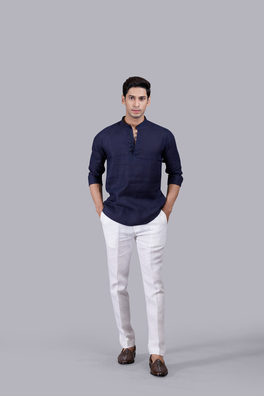 NAVY BLUE LINEN PLAIN KURTA SET