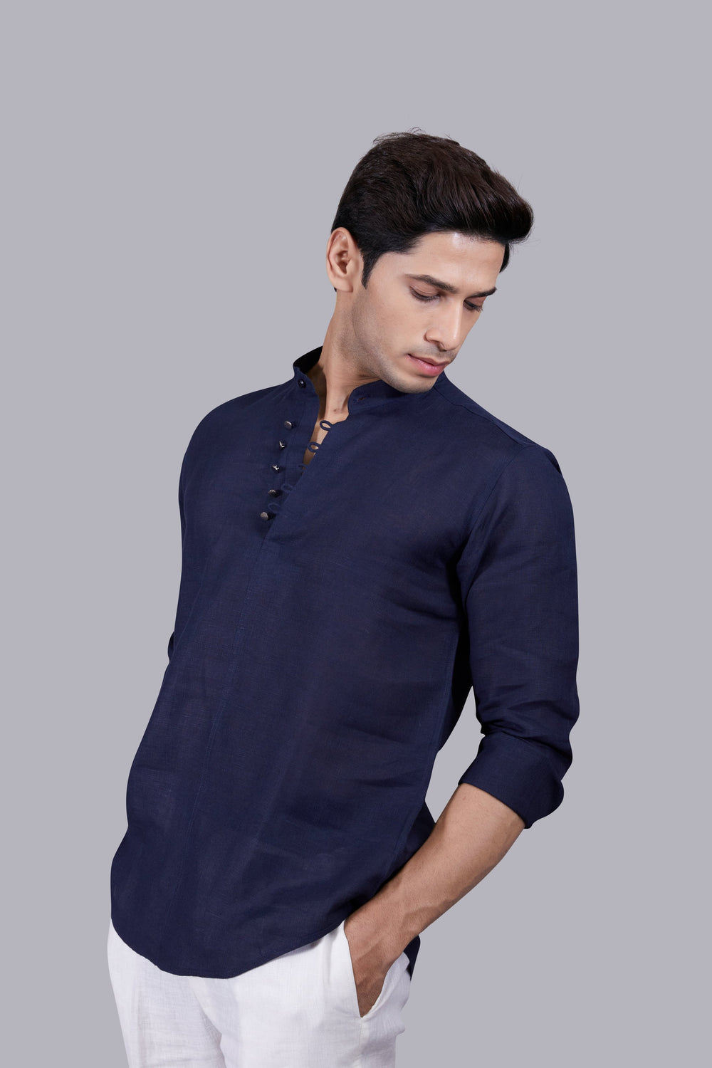 NAVY BLUE LINEN PLAIN KURTA SET