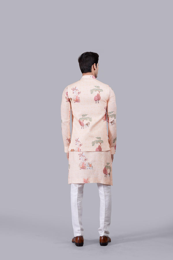 PEACH LINEN THREAD WORK BUNDI SET