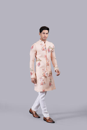 PEACH LINEN THREAD WORK BUNDI SET