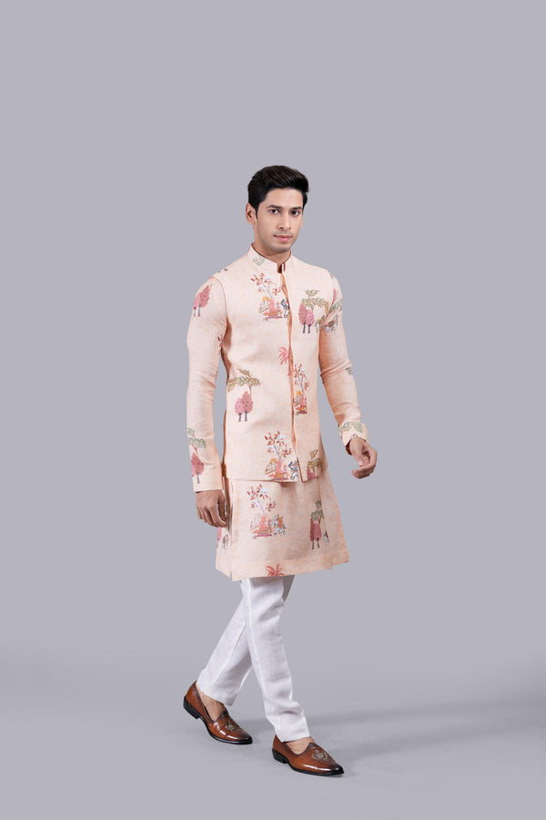 PEACH LINEN THREAD WORK BUNDI SET
