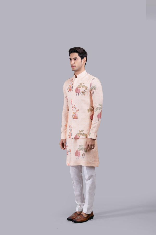 PEACH LINEN THREAD WORK BUNDI SET