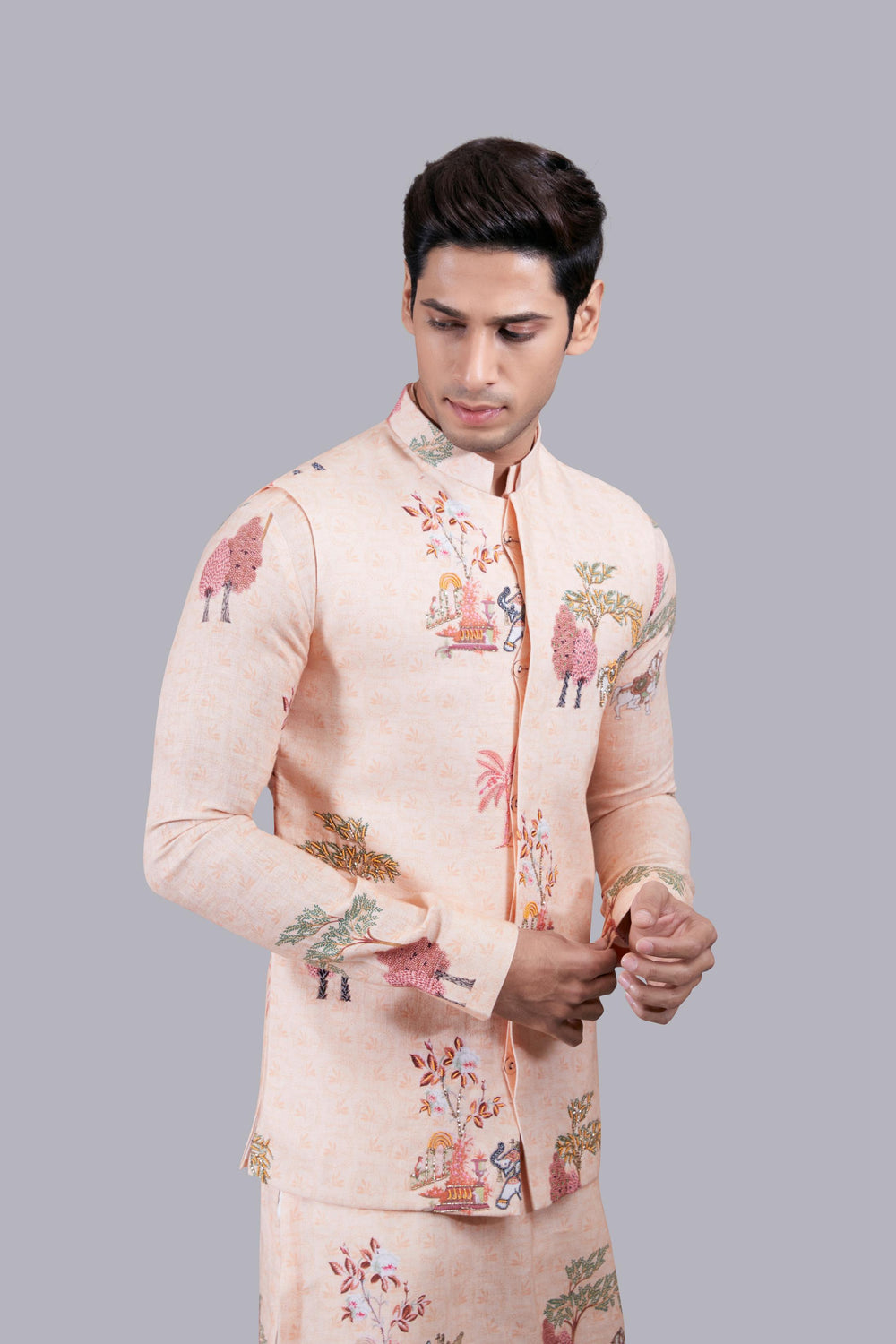 PEACH LINEN THREAD WORK BUNDI SET