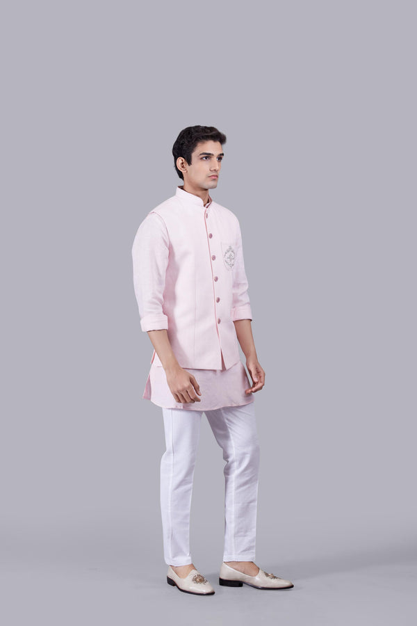 PINK LINEN ZARDOSI WORK BUNDI SET