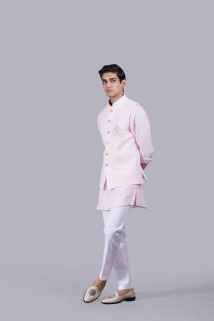 PINK LINEN ZARDOSI WORK BUNDI SET