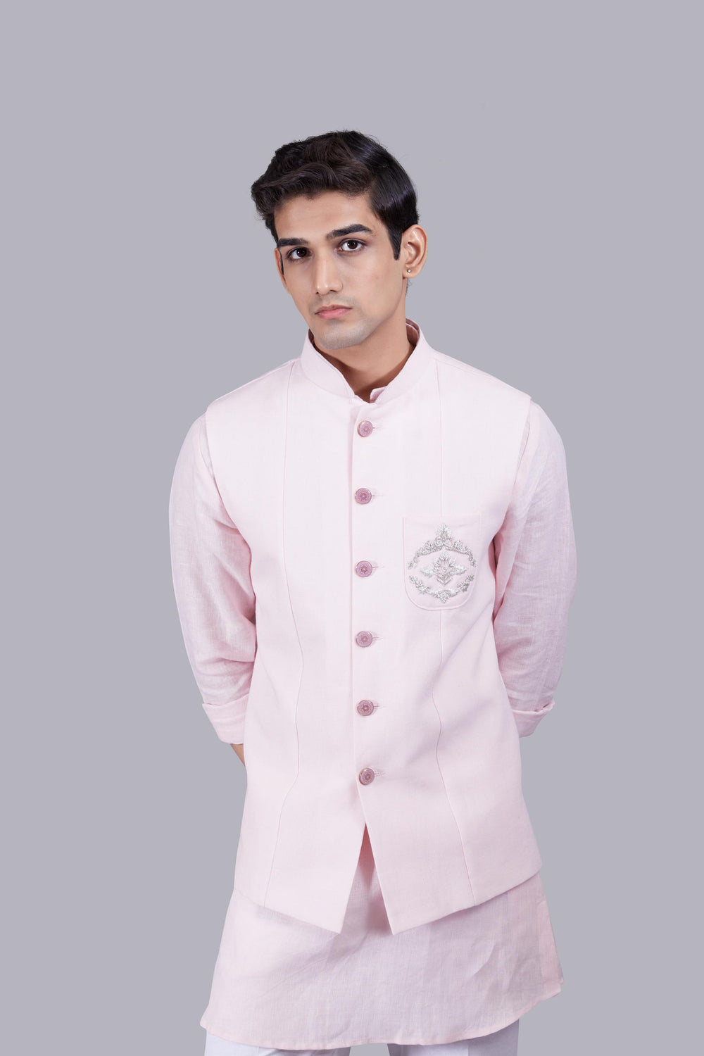 PINK LINEN ZARDOSI WORK BUNDI SET