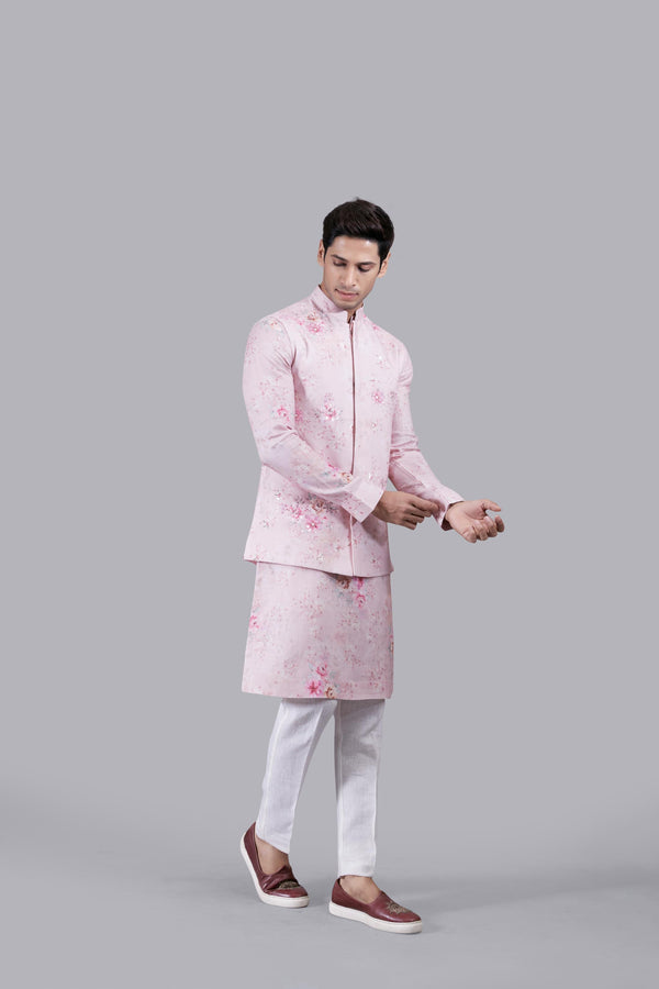 PINK LINEN THREAD WORK BUNDI SET
