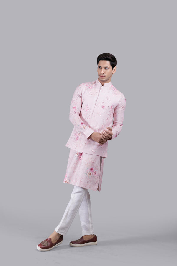 PINK LINEN THREAD WORK BUNDI SET