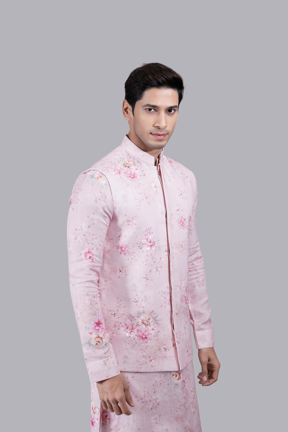 PINK LINEN THREAD WORK BUNDI SET