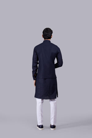 NAVY BLUE LINEN THREAD WORK BUNDI SET