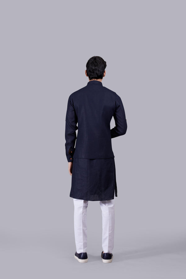 NAVY BLUE LINEN THREAD WORK BUNDI SET