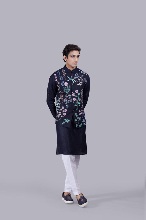 NAVY BLUE LINEN THREAD WORK BUNDI SET