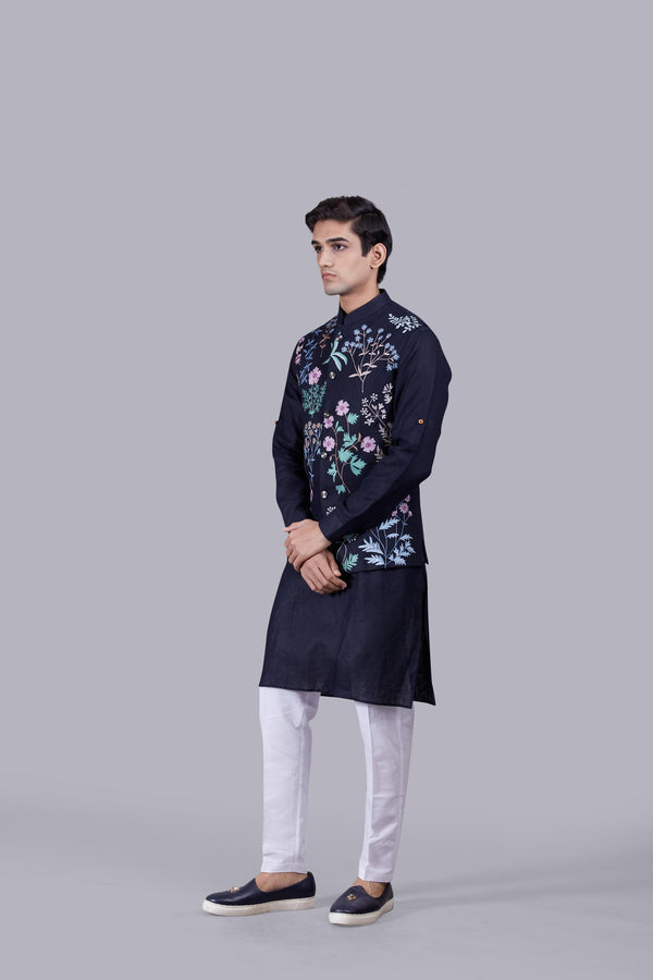 NAVY BLUE LINEN THREAD WORK BUNDI SET