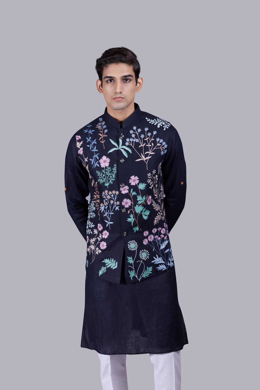 NAVY BLUE LINEN THREAD WORK BUNDI SET