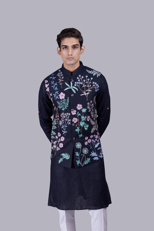 NAVY BLUE LINEN THREAD WORK BUNDI SET