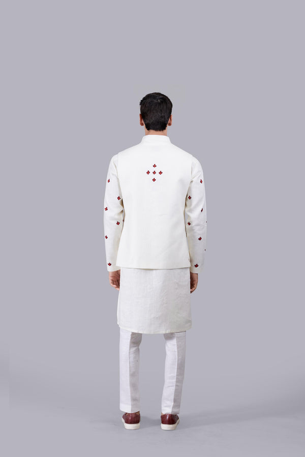 CREAM LINEN HAND RESHAM WORK BUNDI SET