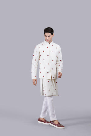 CREAM LINEN HAND RESHAM WORK BUNDI SET