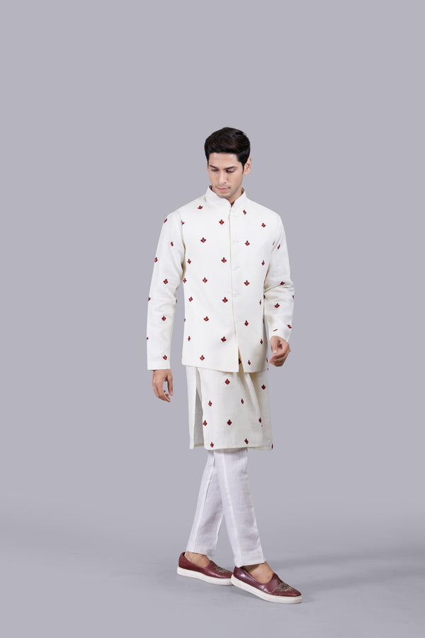 CREAM LINEN HAND RESHAM WORK BUNDI SET