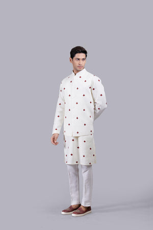 CREAM LINEN HAND RESHAM WORK BUNDI SET