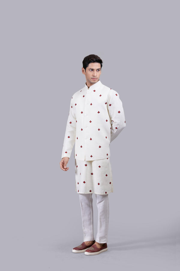 CREAM LINEN HAND RESHAM WORK BUNDI SET